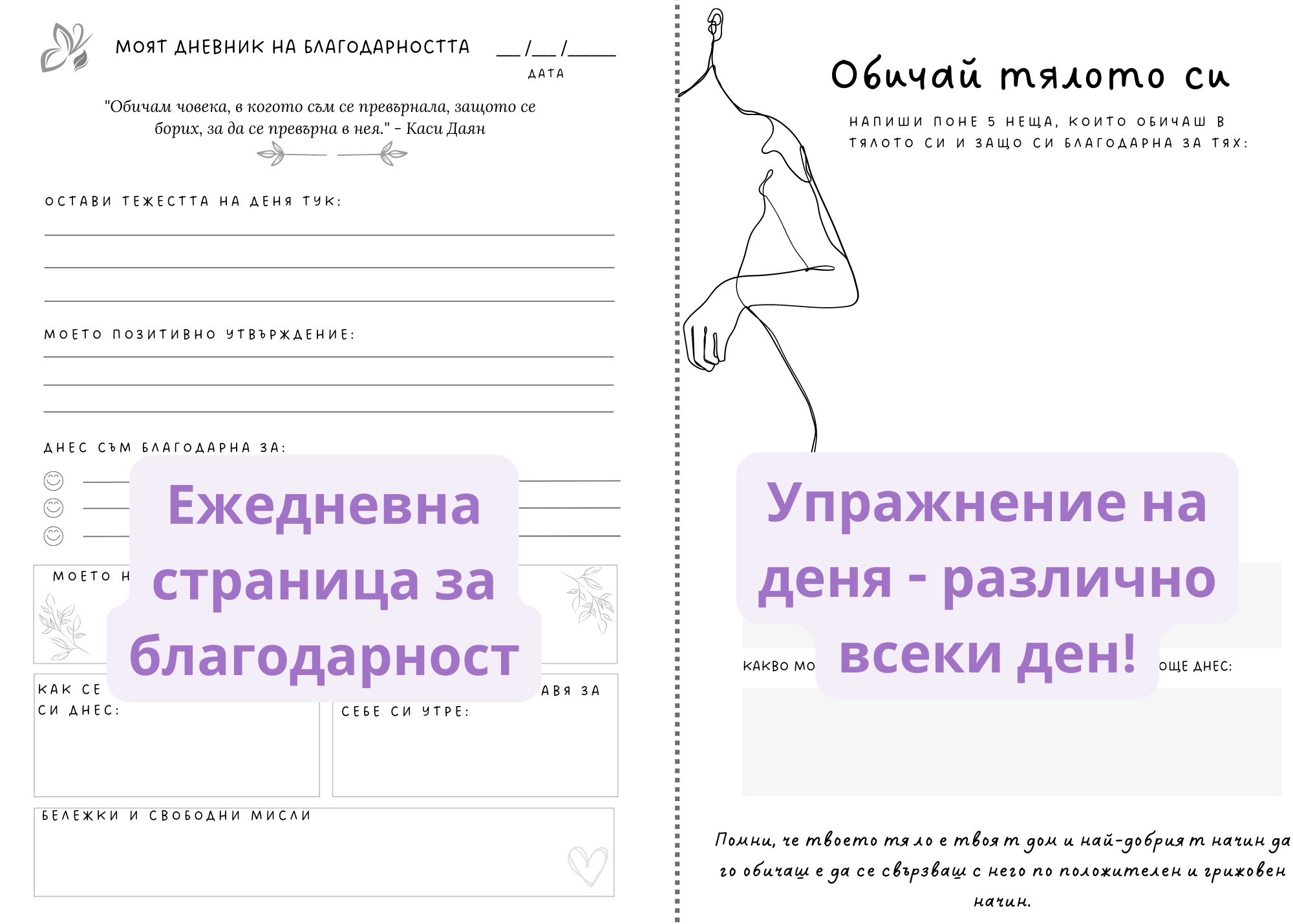 Примерна страница от Дневника на благодарността - ежедневни упражнения, благодарности и място за саморефлексия